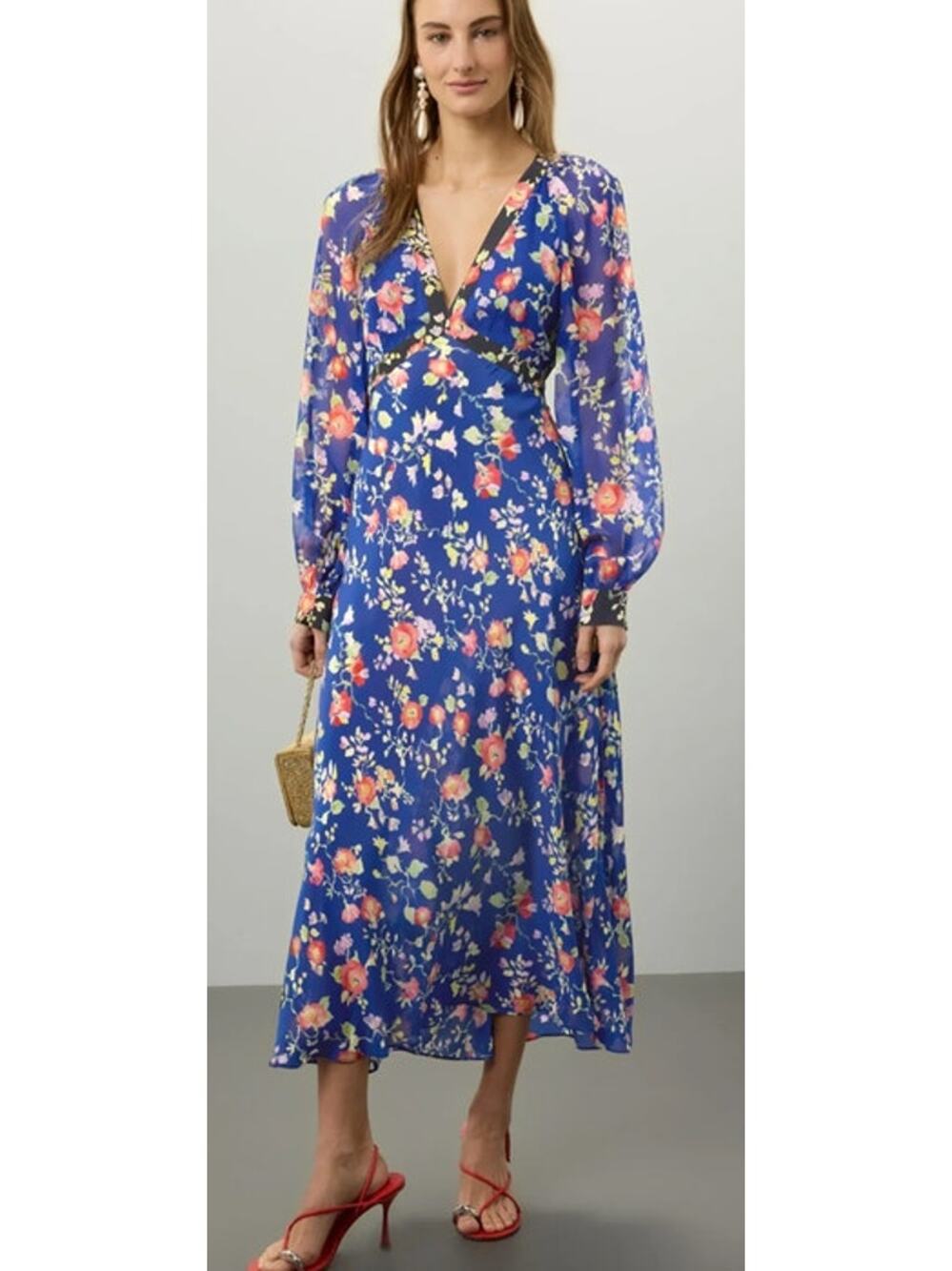 Rixo Ayla Dress Tie Floral Long Sleeve Midi Blue 8